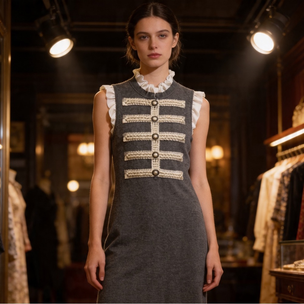 Vintage Style | Gray Sleeveless Dress with Pearl Button Detail | M